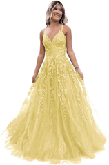 2024 Long Blue Lace Prom Dresses V Neck Formal Evening Dresses Open Back