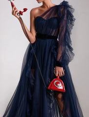 A-Line Evening Gown Corsets Dress Wedding Guest Engagement Court Train Long Sleeve One Shoulder Wednesday Addams Family Tulle with Ruffles Slit