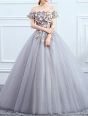 Ball Gown Quinceanera Dresses Princess Dress Performance Sweet 16 Floor Length Short Sleeve Off Shoulder Polyester with Appliques