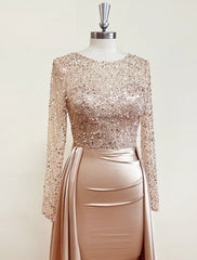 Mermaid Sequin Evening Gown Ruched Satin Dress Long Sleeves Floor Length Sparkle Illusion Neck Fall Wedding Guest Dress with Pearls Overskirt