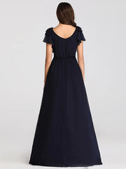 A-Line Mother of the Bride Dress Plus Size V Neck Floor Length Chiffon Short Sleeve with Ruffles
