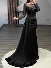 Mermaid Dress Evening Gown Red Green Dress Formal Wedding Guest Court Train Long Sleeve Jewel Neck Charmeuse with Ruched Pearls Sequin