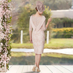 Sheath / Column Mother of the Bride Dress Elegant Jewel Neck Knee Length Lace Half Sleeve with Sash / Ribbon Appliques