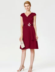 Aimishang A-Line Mother of the Bride Dress Elegant V Neck Knee Length Satin Chiffon Short Sleeve No with Sash / Ribbon Pleats Beading