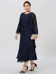 Aimishang  Sheath / Column Mother of the Bride Dress Formal Classic & Timeless Elegant & Luxurious Plus Size Jewel Neck Tea Length Chiffon 3/4 Length Sleeve yes with Pleats Tiered
