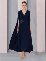 Aimishang A-Line Mother of the Bride Dress Wedding Guest Elegant V Neck Ankle Length Stretch Chiffon Half Sleeve with Sequin Ruching Solid Color