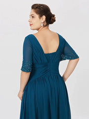 Ball Gown A-Line Mother of the Bride Dress Formal Classic & Timeless Elegant & Luxurious Plus Size Square Neck Floor Length Chiffon Short Sleeve No with Pleats Beading