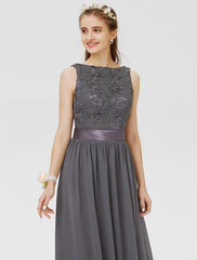 Sheath / Column Bateau Floor Length Chiffon / Floral Lace Bridesmaid Dress with Lace / Sash / Ribbon / Pleats