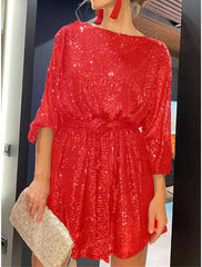 Women's Sequin Dress Party Dress Homecoming Dress Mini Dress Silver Black White Long Sleeve Pure Color Lace up Fall Winter Autumn Crew Neck Red Valentines Dress Winter Dress Valentine's Day Wedding