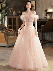 Pink Tulle Lace Long Prom Dress with Feathers, Off Shoulder Pink Evening Dress