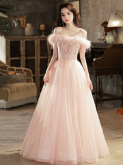 Pink Tulle Lace Long Prom Dress with Feathers, Off Shoulder Pink Evening Dress