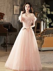 Pink Tulle Lace Long Prom Dress with Feathers, Off Shoulder Pink Evening Dress