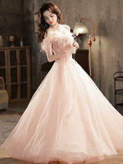 Pink Tulle Lace Long Prom Dress with Feathers, Off Shoulder Pink Evening Dress