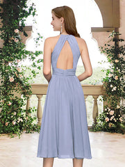 A-Line Bridesmaid Dress Halter Neck Sleeveless Elegant Knee Length Chiffon with Pleats