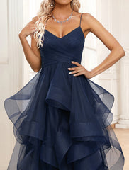 A-Line Evening Gown Elegant Dress Formal Wedding Guest Sweep / Brush Train Sleeveless Spaghetti Strap Organza with Ruched Ruffles Slit
