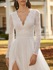 Wholesale Beach Boho Wedding Dresses A-Line V Neck Long Sleeve Court Train Lace Bridal Gowns With Split Front