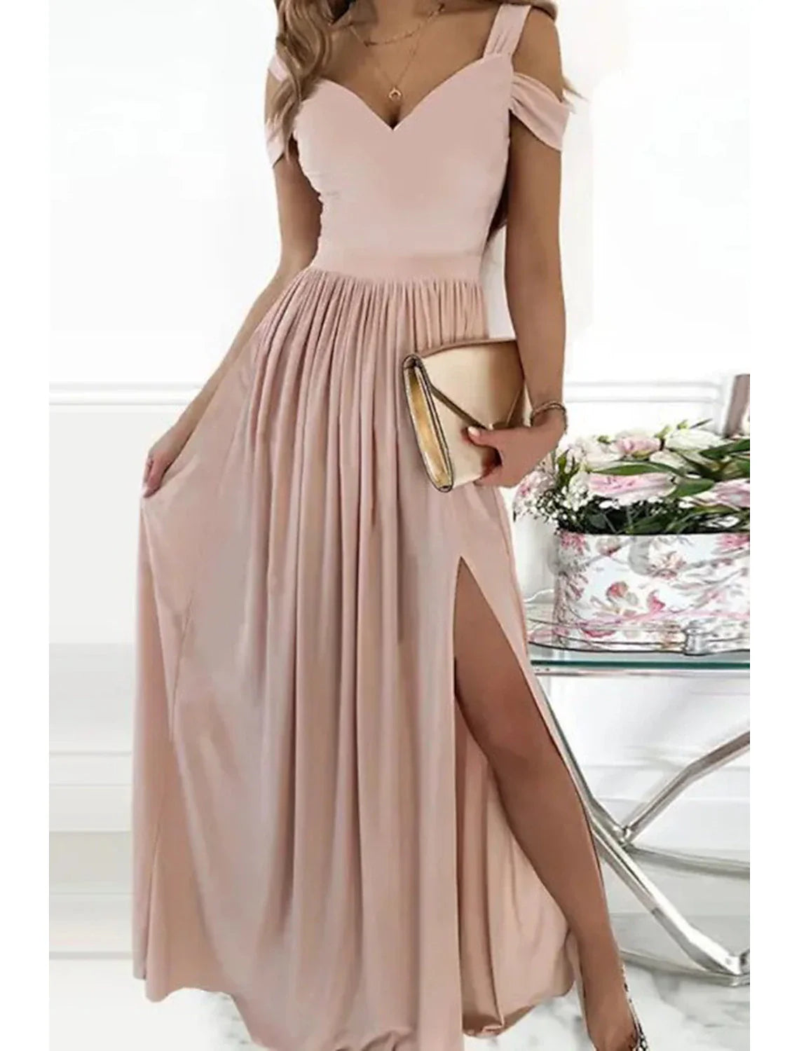 Women‘s Party Dress Homecoming Dress Swing Dress Long Dress Maxi Dress Green Pink Light Green Short Sleeve Pure Color Cold Shoulder Spring Summer V Neck Romantic Party