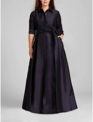 Satin A-Line Evening Gown Champagne Gold Minimalist Black Christmas Red Green Dress Dress Formal Fall Floor Length Half Sleeve Shirt Collar with Bow(s) Pleats 2025