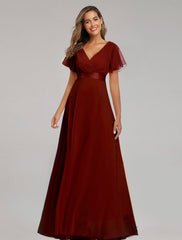 A-Line Prom Dresses Red Green Dress Fall Wedding Guest Dress For Bridesmaid Floor Length Short Sleeve V Neck Chiffon V Back with Ruched Ruffles