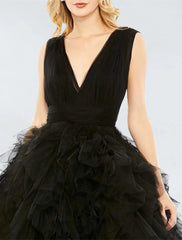 Ball Gown Prom Black Dress Vintage Dress Wedding Party Birthday Tea Length Sleeveless V Neck Tulle with Pleats