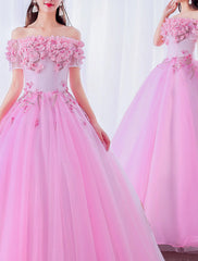 Ball Gown Prom Dresses Floral Dress Quinceanera Prom Floor Length Short Sleeve Off Shoulder Polyester with Appliques Pure Color