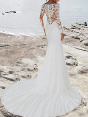 Wholesale Beach Formal Wedding Dresses Mermaid / Trumpet V Neck Long Sleeve Court Train Satin Bridal Gowns With Pleats Solid Color