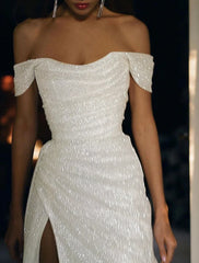 Wholesale Mermaid Evening Dresses Sparkle Wedding Dress For Reception Prom Dress Sweep / Brush Train Short Sleeve Off Shoulder Sequins with Slit