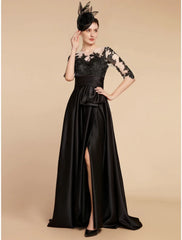 A-Line Mother of the Bride Dress Wedding Guest Elegant Party Jewel Neck Sweep / Brush Train Satin Lace Half Sleeve with Split Front Ruching Solid Color