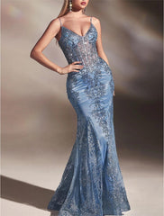 Mermaid / Trumpet Prom Dresses Celebrity Style Dress Graduation Prom Court Train Sleeveless V Neck Lace with Glitter Crystals Sequin
