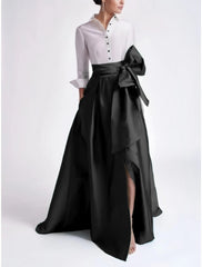 A-Line Evening Gown Elegant Red Green Dress Formal Wedding Guest Sweep / Brush Train 3/4 Length Sleeve Shirt Collar Satin with Bow(s) Slit