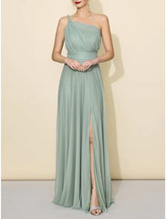 A-Line Bridesmaid Dress One Shoulder Sleeveless Elegant Floor Length Tulle with Split Front / Ruching