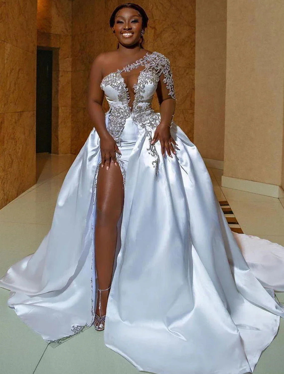 Aimishang Formal Wedding Dresses Ball Gown One Shoulder Regular Straps Court Train Satin Bridal Gowns With Beading Split Front