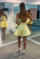 Yellow Satin Short Prom Dresses, A-Line Homecoming Dresses