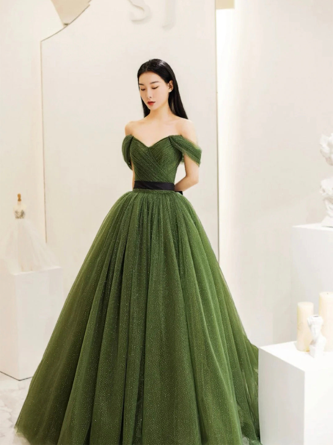 Green Tulle Floor Length Prom Dress, Lovely Off the Shoulder Evening Party Dress