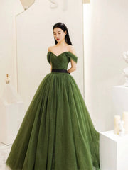 Green Tulle Floor Length Prom Dress, Lovely Off the Shoulder Evening Party Dress