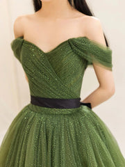 Green Tulle Floor Length Prom Dress, Lovely Off the Shoulder Evening Party Dress