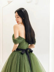 Green Tulle Floor Length Prom Dress, Lovely Off the Shoulder Evening Party Dress
