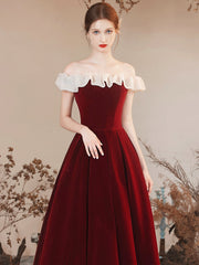 Off the Shoulder Burgundy Velvet Party Dress, Burgundy Floor Length Evening Party Dress