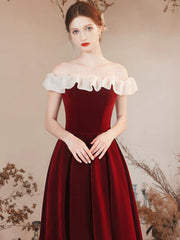 Off the Shoulder Burgundy Velvet Party Dress, Burgundy Floor Length Evening Party Dress