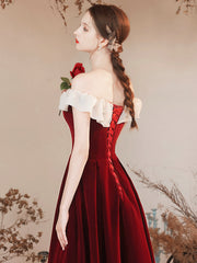 Off the Shoulder Burgundy Velvet Party Dress, Burgundy Floor Length Evening Party Dress