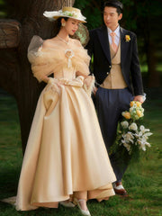 French Champagne Satin Corset Long Prom Dress, Off the Shoulder Evening Party Dress
