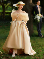 French Champagne Satin Corset Long Prom Dress, Off the Shoulder Evening Party Dress