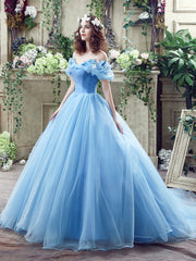 Blue Tulle Long A-Line Prom Dress, Off the Shoulder Princess Dress