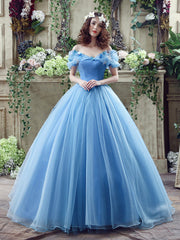 Blue Tulle Long A-Line Prom Dress, Off the Shoulder Princess Dress