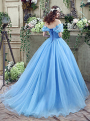 Blue Tulle Long A-Line Prom Dress, Off the Shoulder Princess Dress