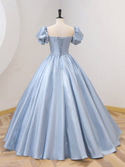 Blue Satin Floor Length Prom Dress with Bow, Blue A-Line Evening Formal Dress