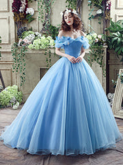 Blue Tulle Long A-Line Prom Dress, Off the Shoulder Princess Dress