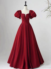 Lovely Satin Floor Length Short Sleeves Party Dress, A-Line Evening Party Dress