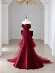 Off the Shoulder Floor Length Satin Prom Dress, Mermaid V-Neck Evening Party Dress