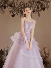 Beautiful Light Purple Tulle Long Prom Dress, Purple A-Line Straps Evening Formal Dress